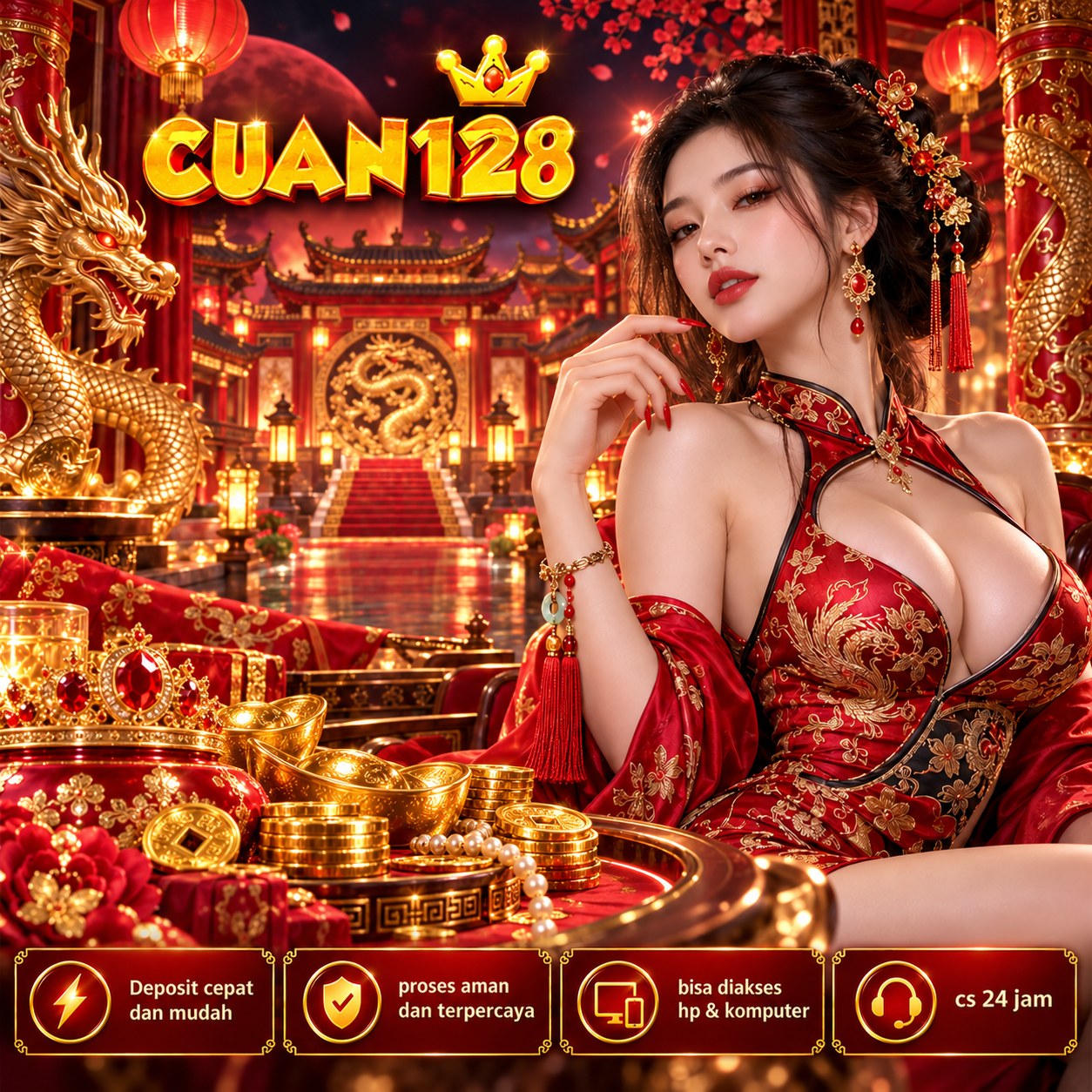 Poster CUAN128 dengan tokoh berbusana emas, kipas, dan ilustrasi game pada ponsel