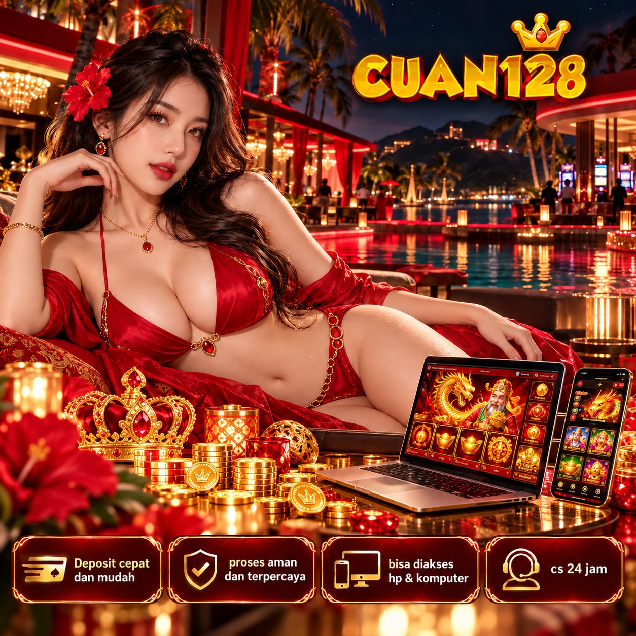 Poster CUAN128 dengan tokoh berambut abu-abu, layar game, dan efek petir